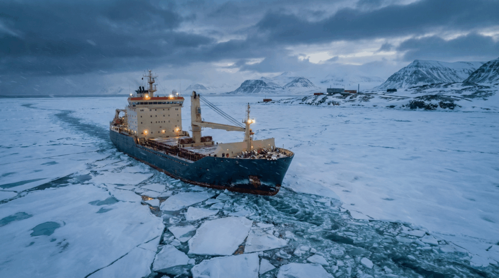 A cargo vessel navigating through thick Arctic sea ice under harsh winter conditions. The image shows real polar navigation challenges faced by ships in freezing, low-visibility environments. Learn APW training course at HIMT to become the best navigator at Polar Waters.