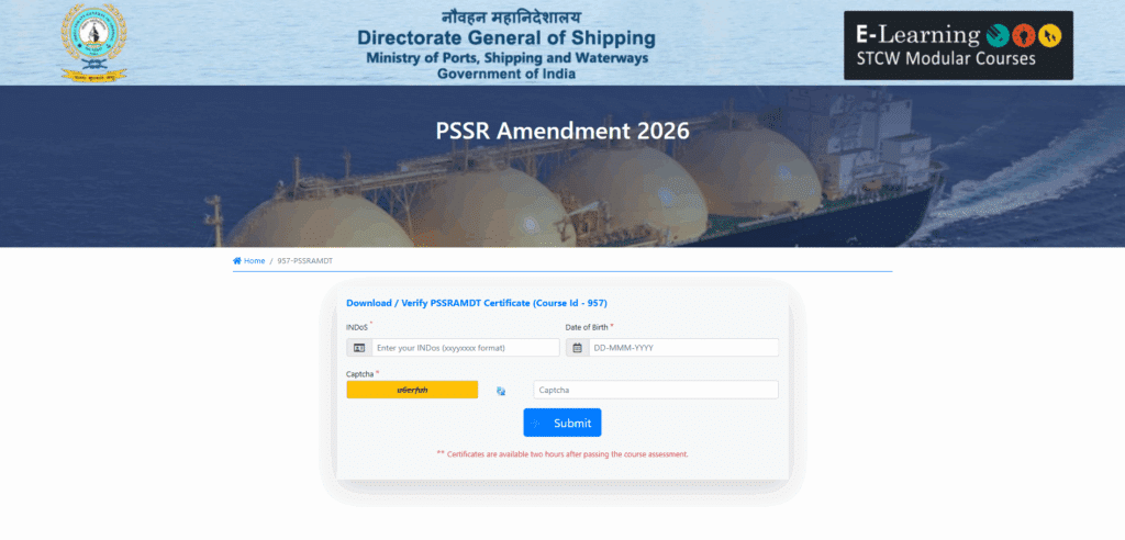 DG Shipping portal page for downloading or verifying the PSSR Amendment 2026 (Course 957) certificate using INDos and DOB.