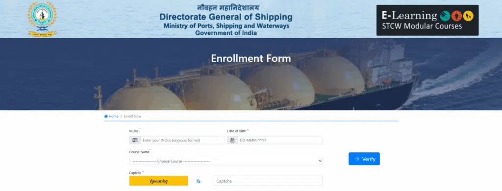 DGS e-learning enrollment form for PSSR Amendment 2026 showing fields for INDos, DOB, course selection, and captcha.